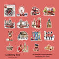 Holiday Journey architecture journal stickers showing six retro landmark designs including Paris Arc de Triomphe and London Big Ben