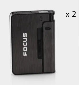 Two aluminium alloy automatic cigarette cases with brushed metal finish, one-button discharge, and removable lighter core on a dark background
