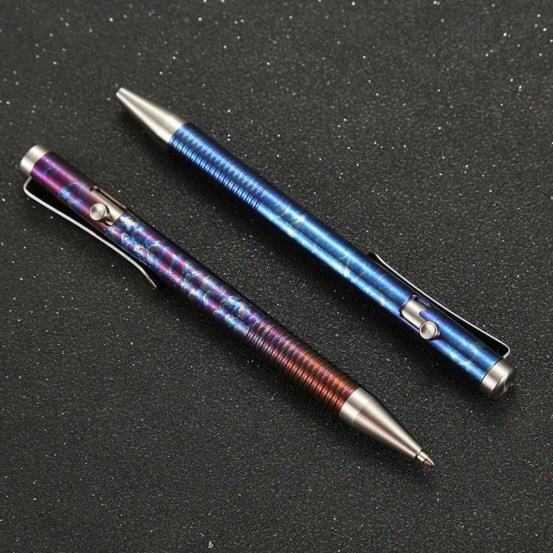 Titanium alloy gun bolt handle ball pen with magic colour phantom finish showing iridescent effects