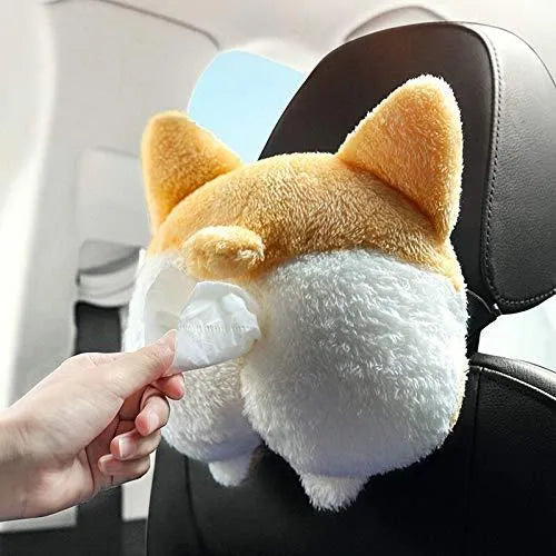 Yellow corgi butt shaped tissue box cover with elastic strap for car sun visor