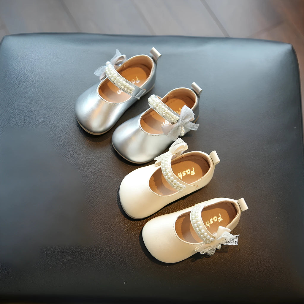Baby girls' square mouth pumps with bow, synthetic leather, Velcro fastening, non-slip sole, beige or silver