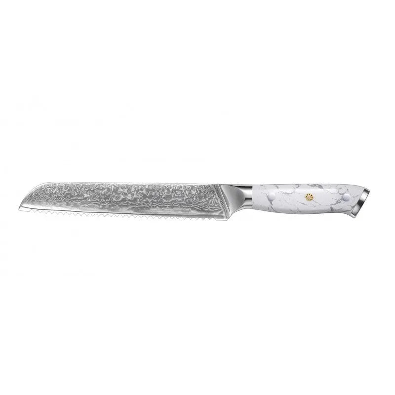 Damascus pattern VG10 steel chef knife with 21cm blade on cutting board