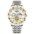 Multifunctional quartz watch with six-pin display, 11mm thick case, business style, available in multiple colours.