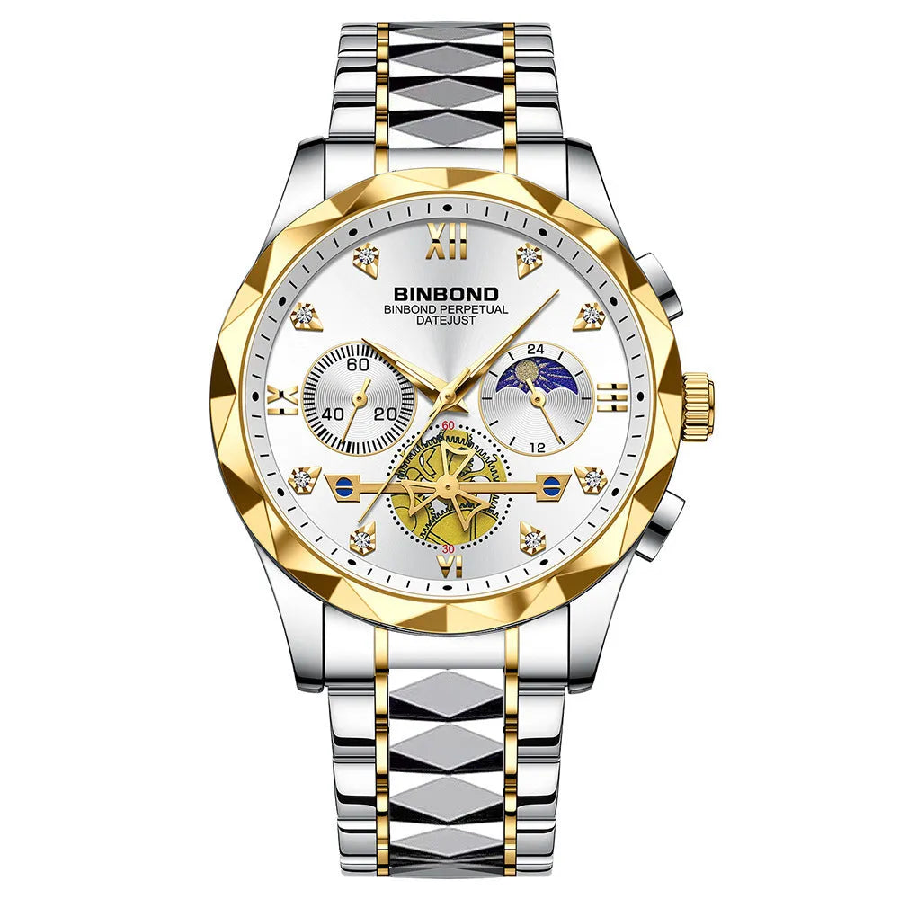 Multifunctional quartz watch with six-pin display, 11mm thick case, business style, available in multiple colours.