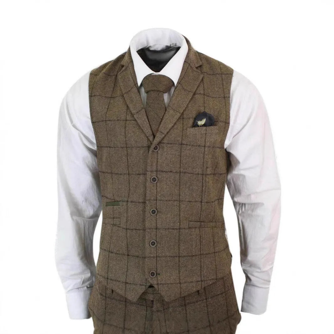 Brown plaid three-piece suit set with slim fit cotton blend coat, vest and pants, sizes XS to 6XL