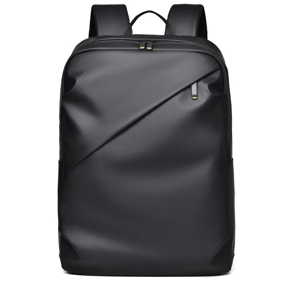 Men's waterproof PU leather backpack in black colour with computer compartment and sewing thread details