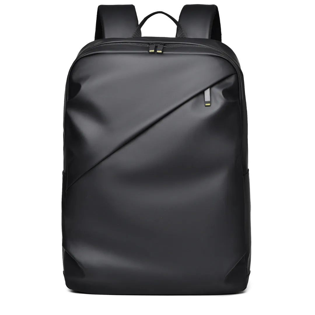 Men's waterproof PU leather backpack in black colour with computer compartment and sewing thread details