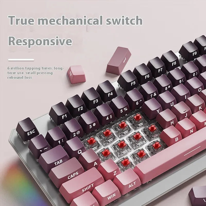 Silver white 87-key wired mechanical keyboard with side engraving and white backlight on a desk