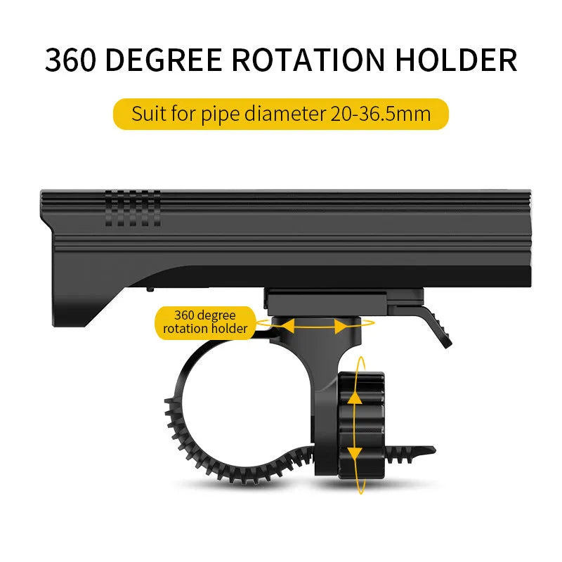 Black KX12DF digital display bicycle headlight on a 360-degree rotating mount with USB cable.