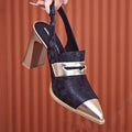 Women's black printed high heel sandals with chunky heel, pointed toe, and high-cut straps