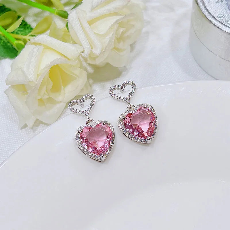 Pink crystal heart earrings on copper base, 26x15mm, 7g, 2023 new light luxury fashion jewellery for women girls