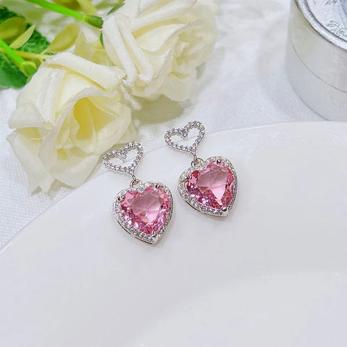 Pink crystal heart earrings on copper base, 26x15mm, 7g, 2023 new light luxury fashion jewellery for women girls