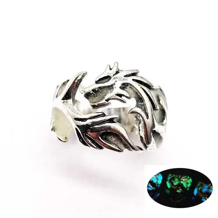 Adjustable Chinese dragon pattern ring in antique silver blue and green with luminous design