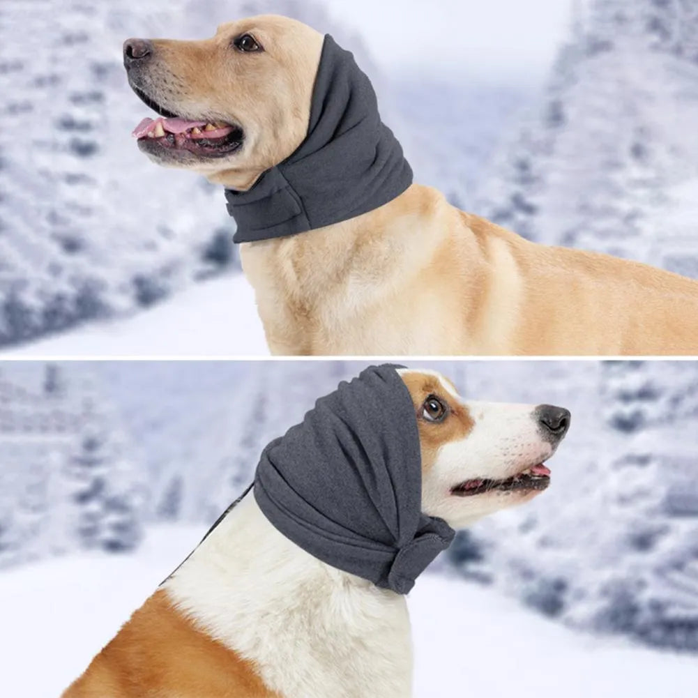 Polyester dog head cover hoodie in black or purple for noise reduction anxiety relief with ear wrap design