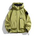 Men's black windproof waterproof hooded jacket on a hanger, shown in regular length with long sleeves.