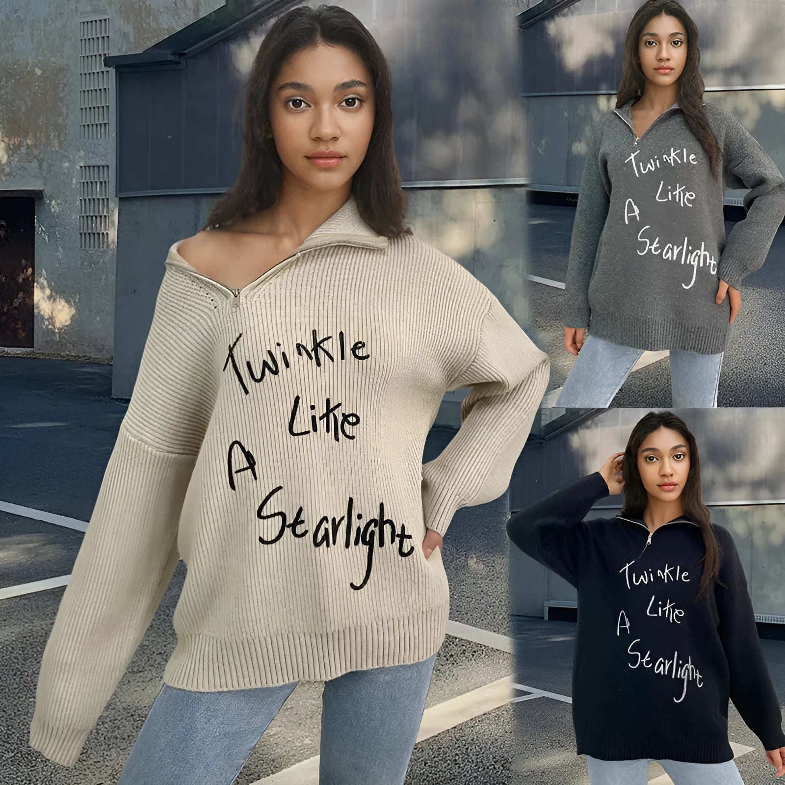 Women's loose lapel alpaca wool pullover sweater with oblique zipper in light khaki colour