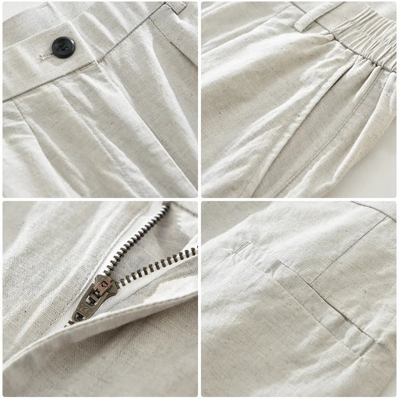 Men's loose straight-leg cotton linen trousers in brown displayed flat