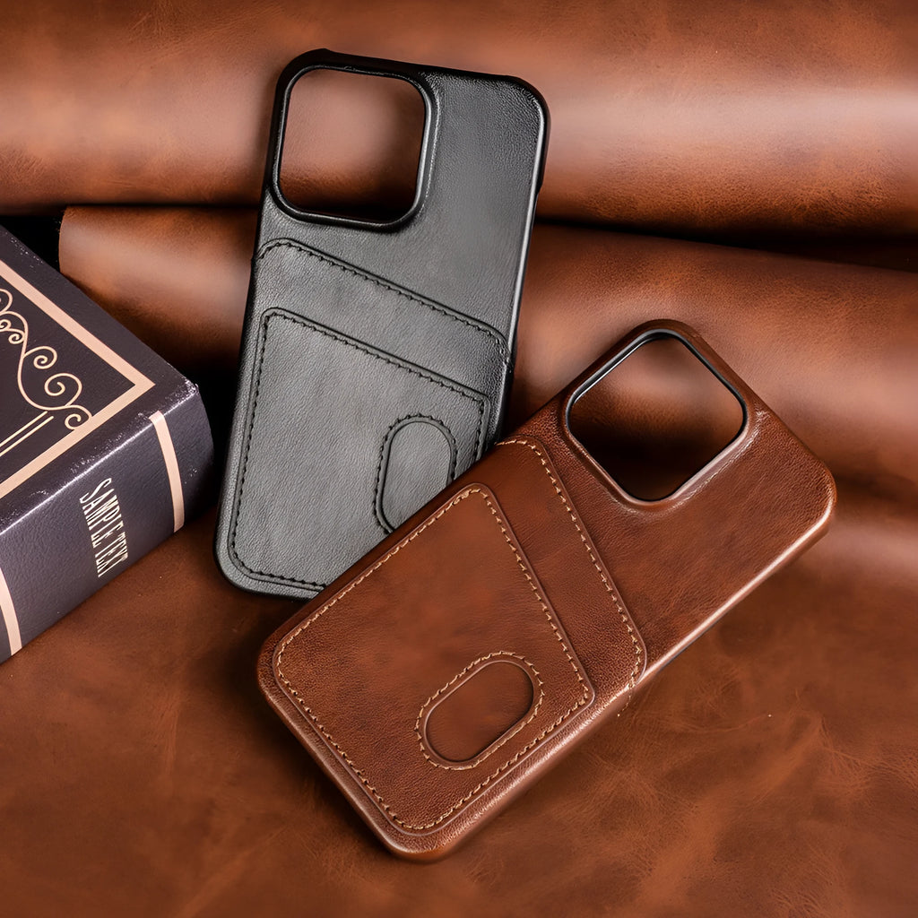PU leather flip wallet phone case with card slots for iPhone, dark brown colour, front view