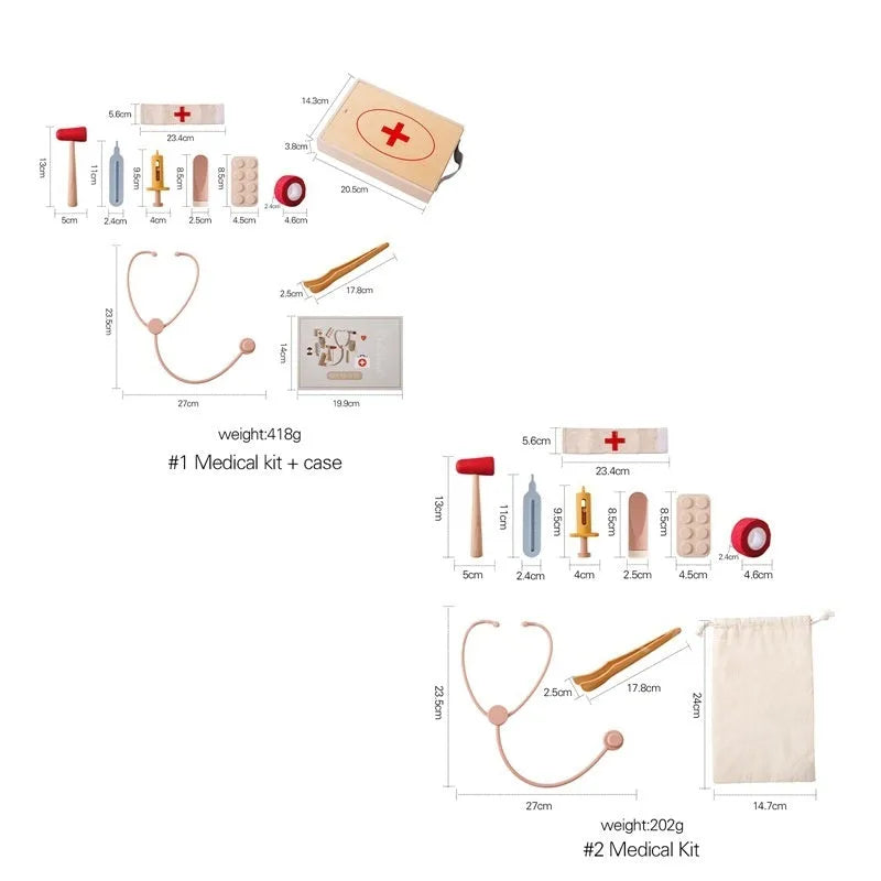 Wooden children's doctor toy set with stethoscope and medical suit for imaginative role play