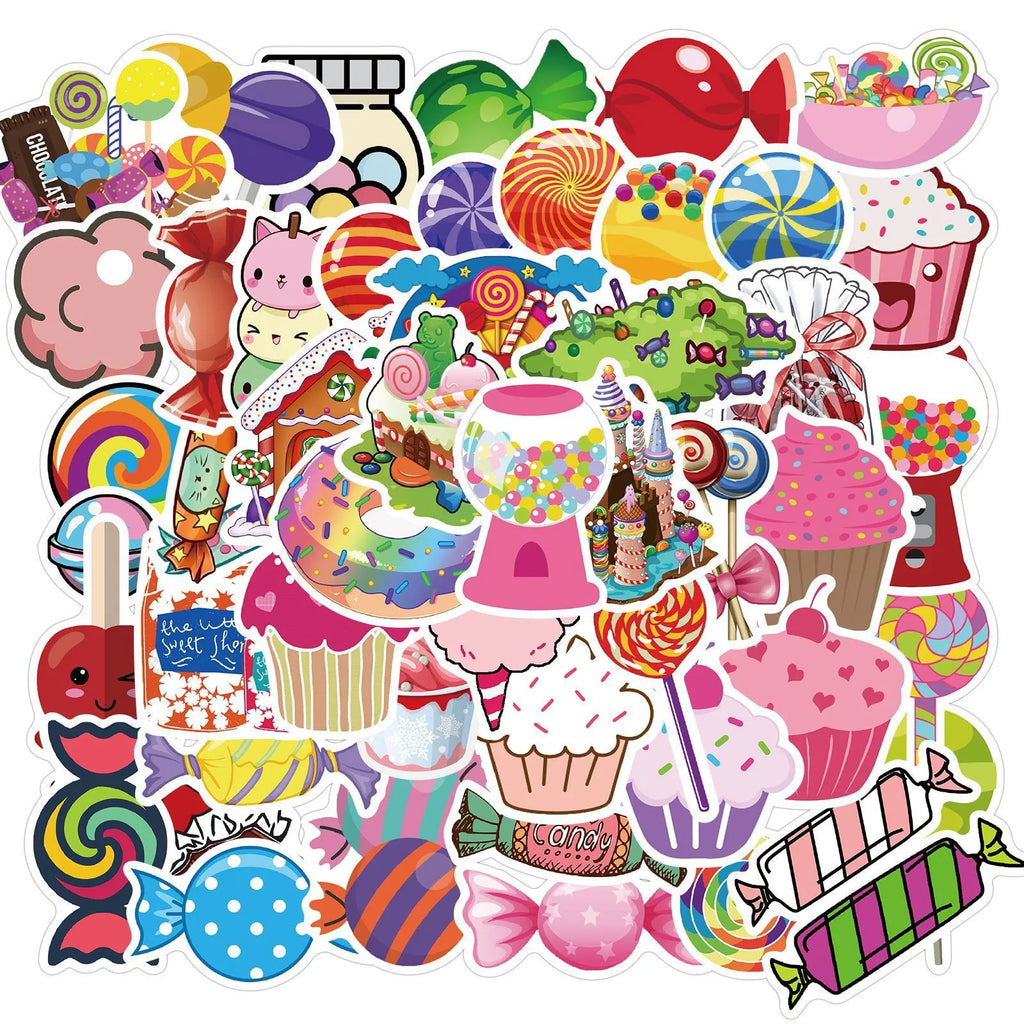 Pack of 50 colourful candy graffiti stickers with cartoon designs, sized 4-6cm.