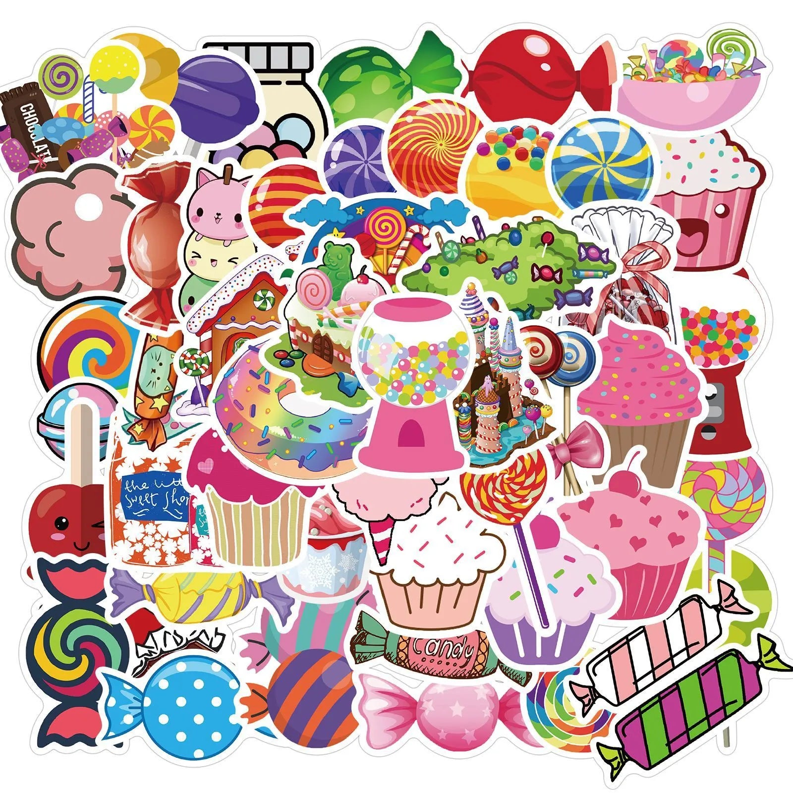 Pack of 50 colourful candy graffiti stickers with cartoon designs, sized 4-6cm.