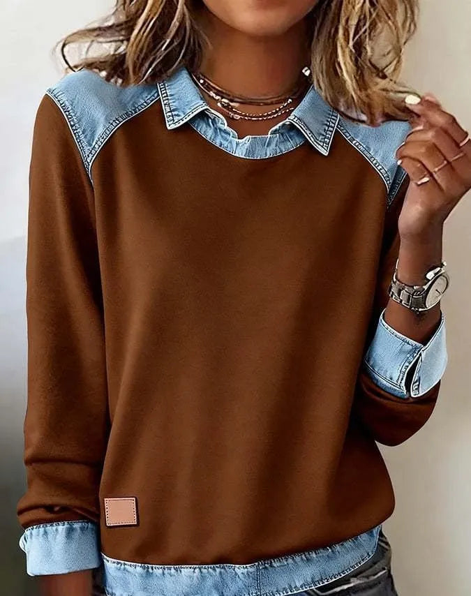 Denim collar long sleeve pullover patchwork knitwear top in solid colour, sizes S to XXXL, polyester fibre