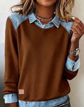 Denim collar long sleeve pullover patchwork knitwear top in solid colour, sizes S to XXXL, polyester fibre