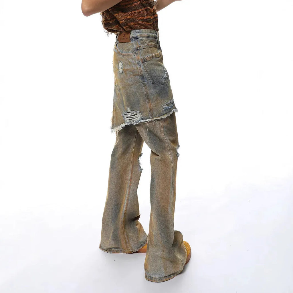 Women's loose-fit light blue bootcut denim jeans with a high waist and button fly.