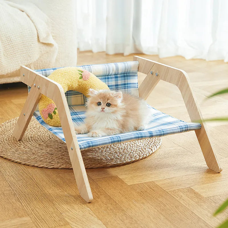 Wooden elevated cat beach chair bed with cloth hammock in green or blue colour options
