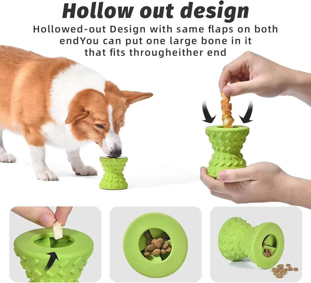 Interactive bone-shaped dog toy with treat dispensing holes in blue, green and purple colours