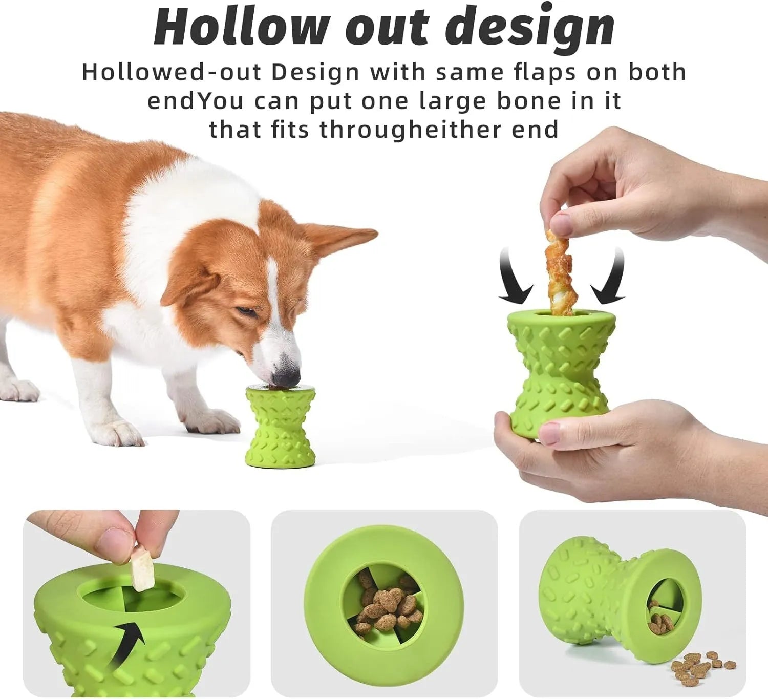 Interactive bone-shaped dog toy with treat dispensing holes in blue, green and purple colours