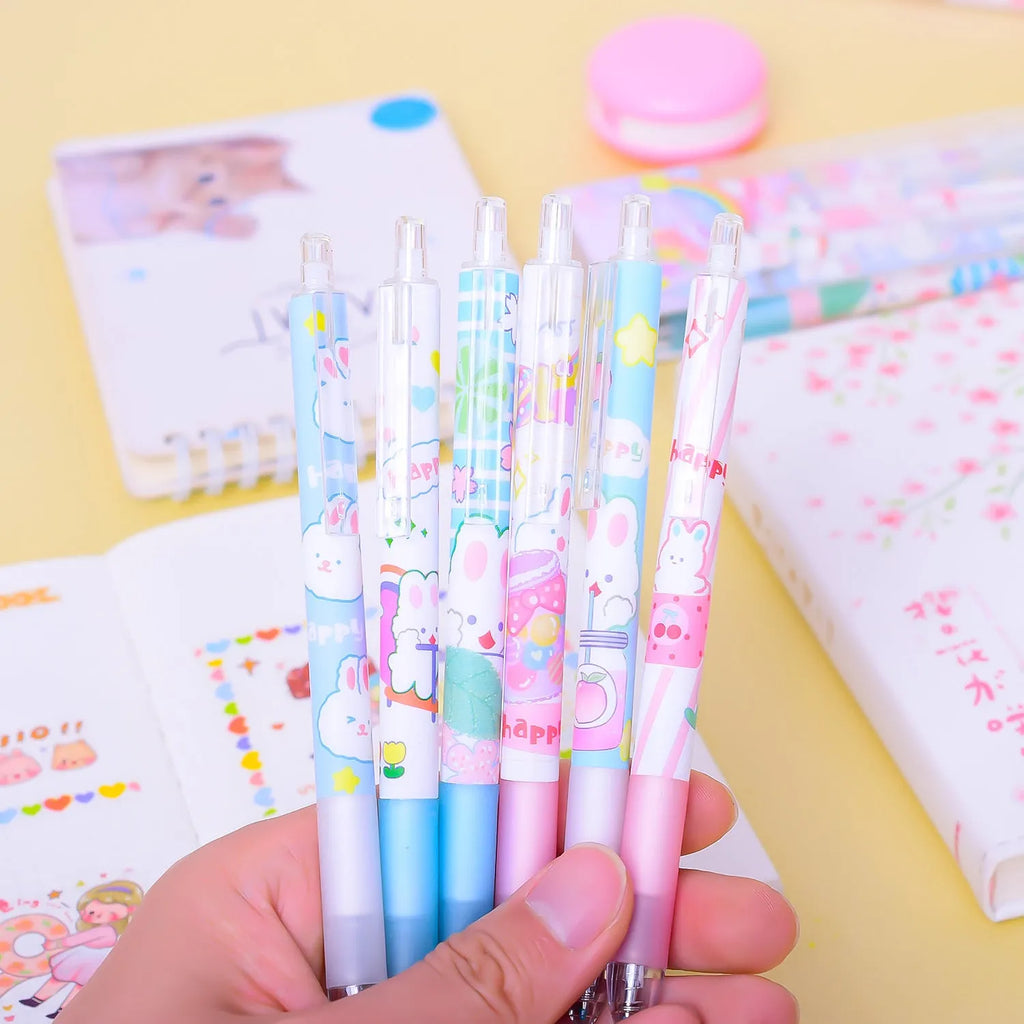 Six cartoon bunny student stationery pens with 0.5mm black signature tips in neutral colours
