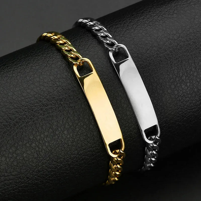 Personalised laser engraved human eye portrait on a stainless steel bracelet in a gold finish, geometric design