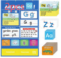Alphabet learning chart with word cards, letter cards, and picture cards displayed on a 60cm by 40cm sleeve table.