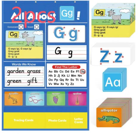 Alphabet learning chart with word cards, letter cards, and picture cards displayed on a 60cm by 40cm sleeve table.