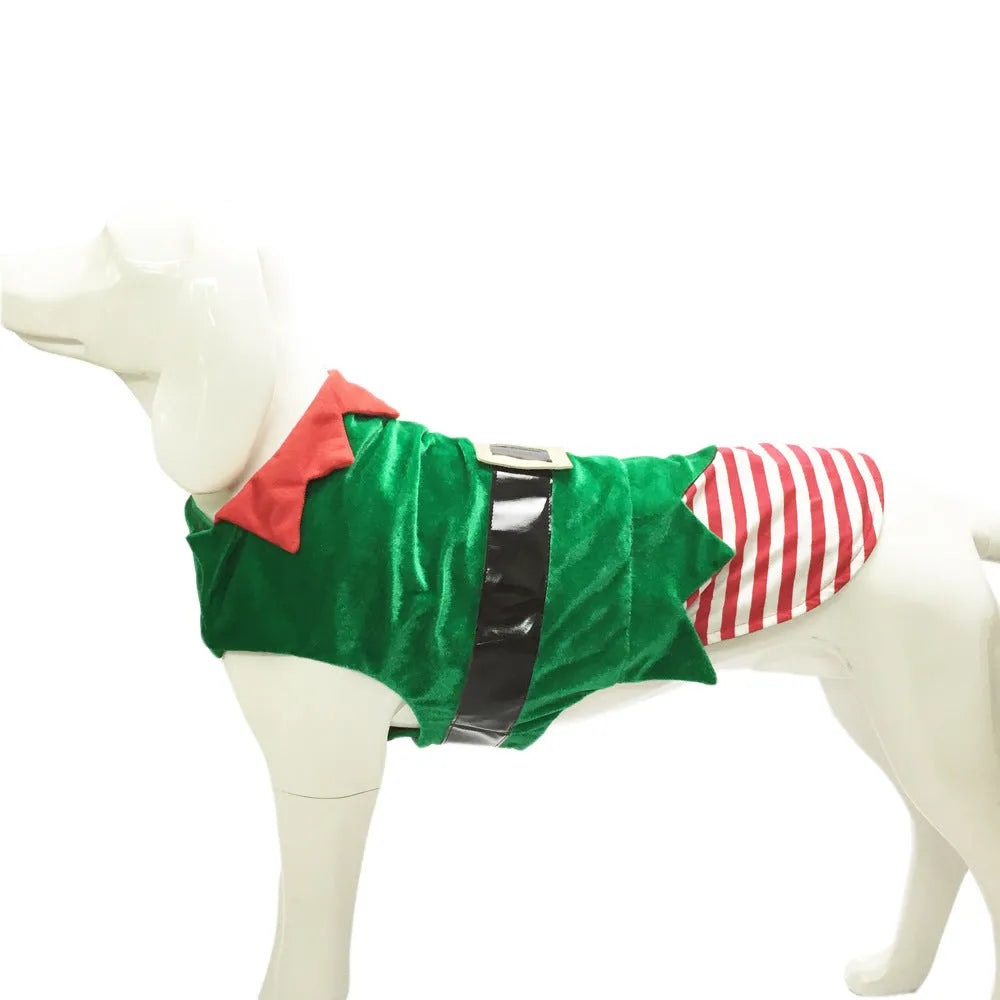 Green elf cotton dog Christmas costume with saddle design on a small dog