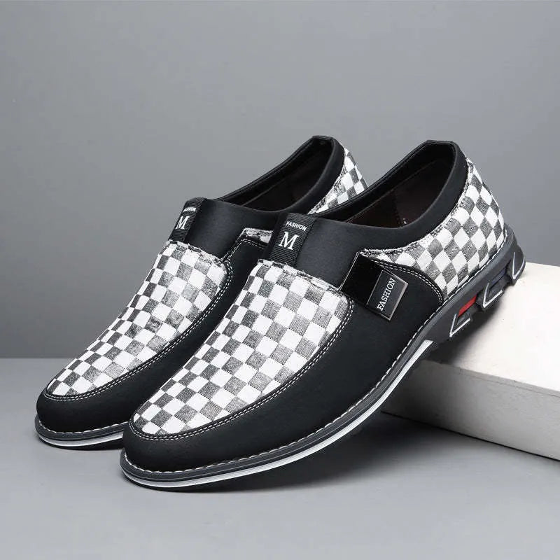 Men's large size business casual shoes with grid pattern and colour blocking, available in red, black, and white, sizes 39-50.