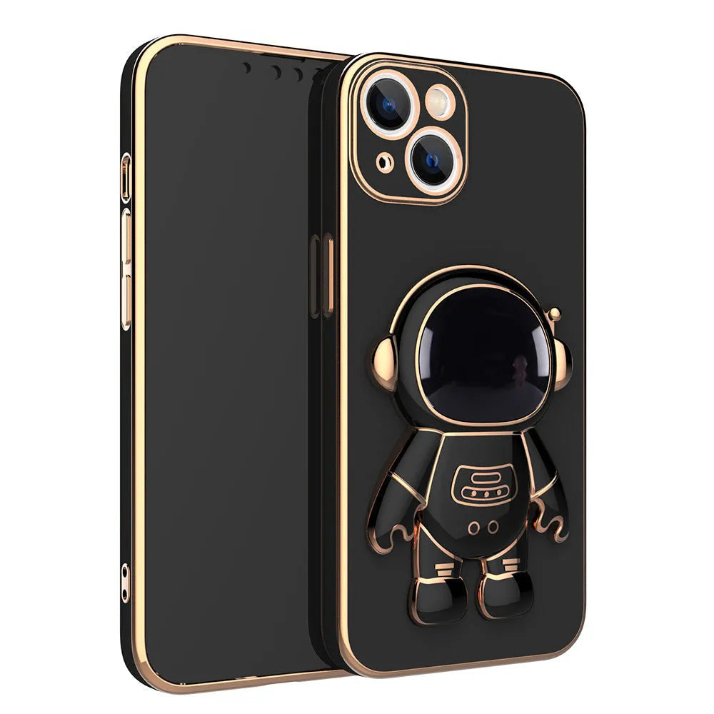 3D astronaut phone case with electroplating bracket for iPhone 13 Pro Max, TPU anti-drop back cover in black