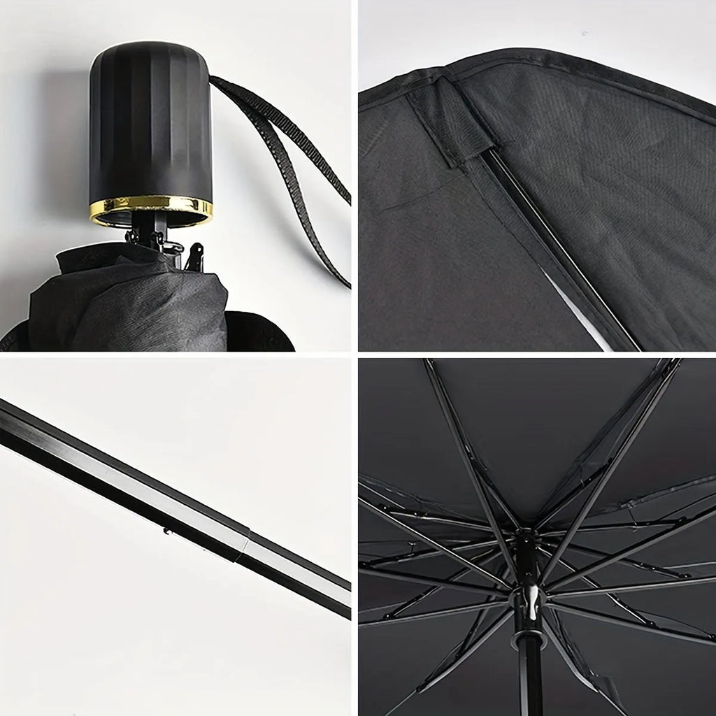 Foldable car windshield sunshade umbrella showing open and folded positions