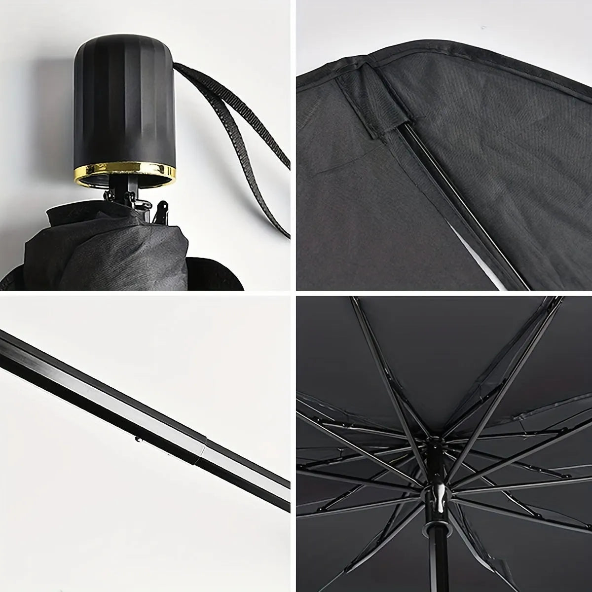Foldable car windshield sunshade umbrella showing open and folded positions