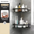 Black wide-brimmed double-layer triangle bathroom storage rack mounted on a wall.