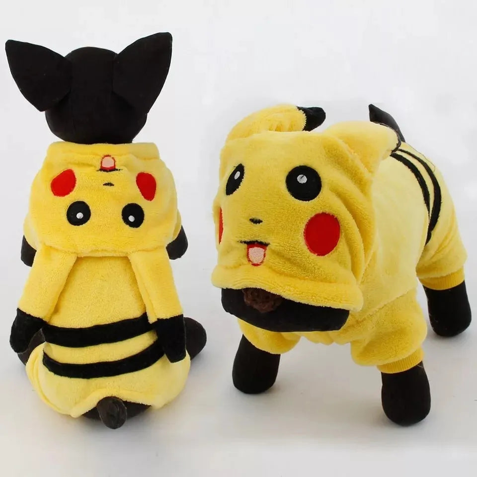 Fleece dog and cat coat for winter, available in sizes XS to XXL, shown as a costume and hoodie.