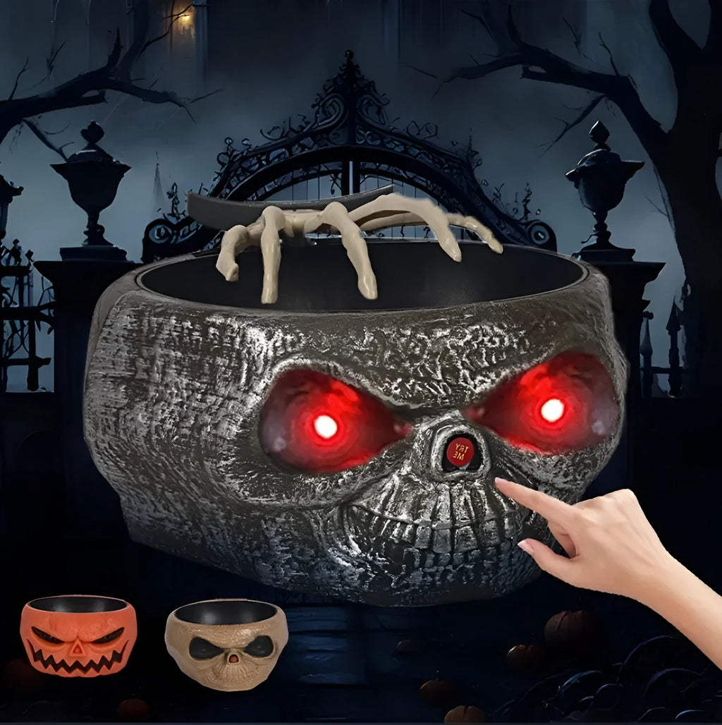 Plastic Halloween candy bowl with motion-activated skeleton hand and lighted red eyes, grey khaki or pumpkin colour