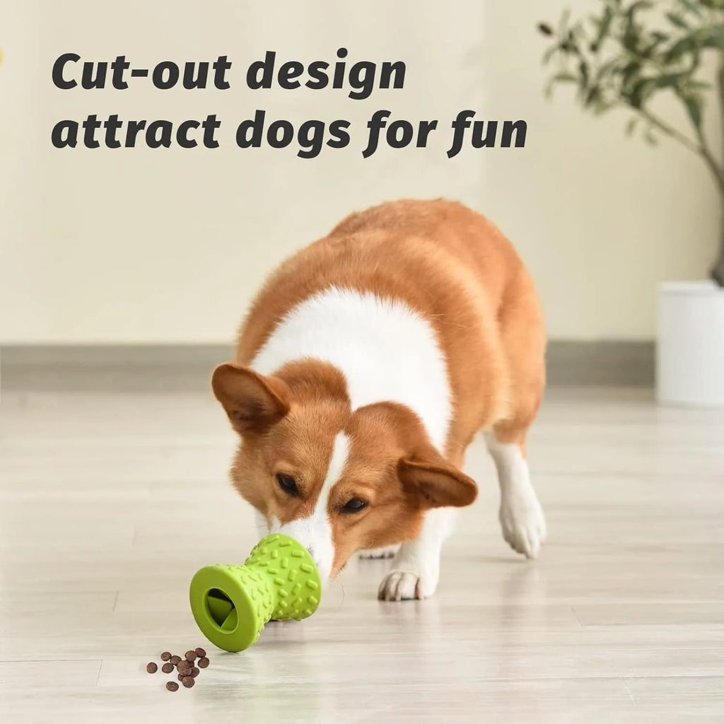 Interactive bone-shaped dog toy with treat dispensing holes in blue, green and purple colours
