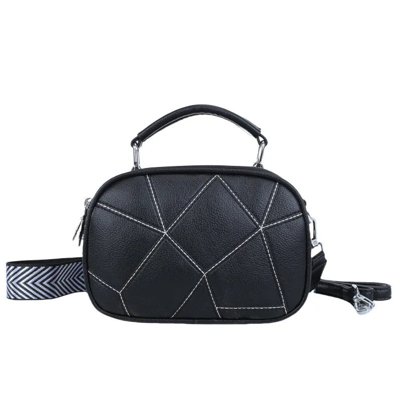 Round women's PU leather patchwork small bag with three-layer design and stitching detail