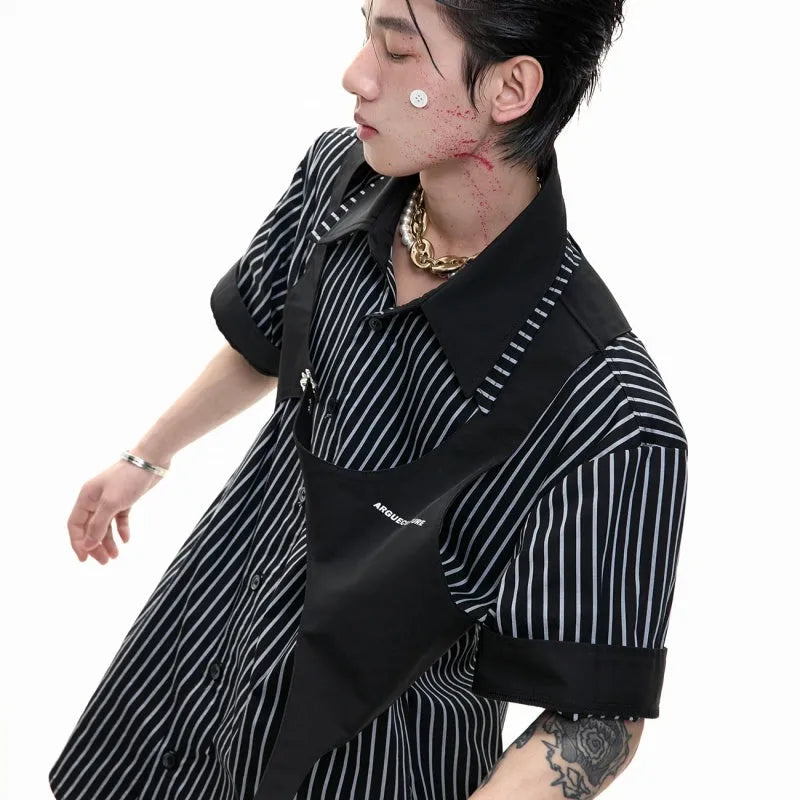 Men's black and white striped cotton shirt with double lapel collar and short sleeves