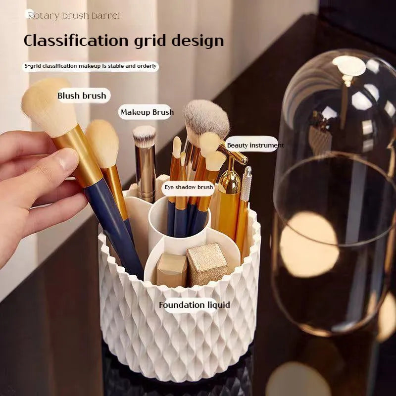 White rotating makeup brush storage box with transparent dust-proof cover on desktop