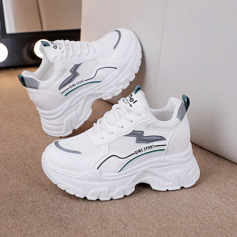 Women's white breathable dad shoes with cross strap and lace-up design, featuring height-increasing insoles.
