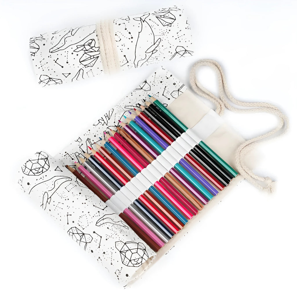 Canvas roll-up pencil case in black starry sky and constellation colours with 12 to 108 hole options
