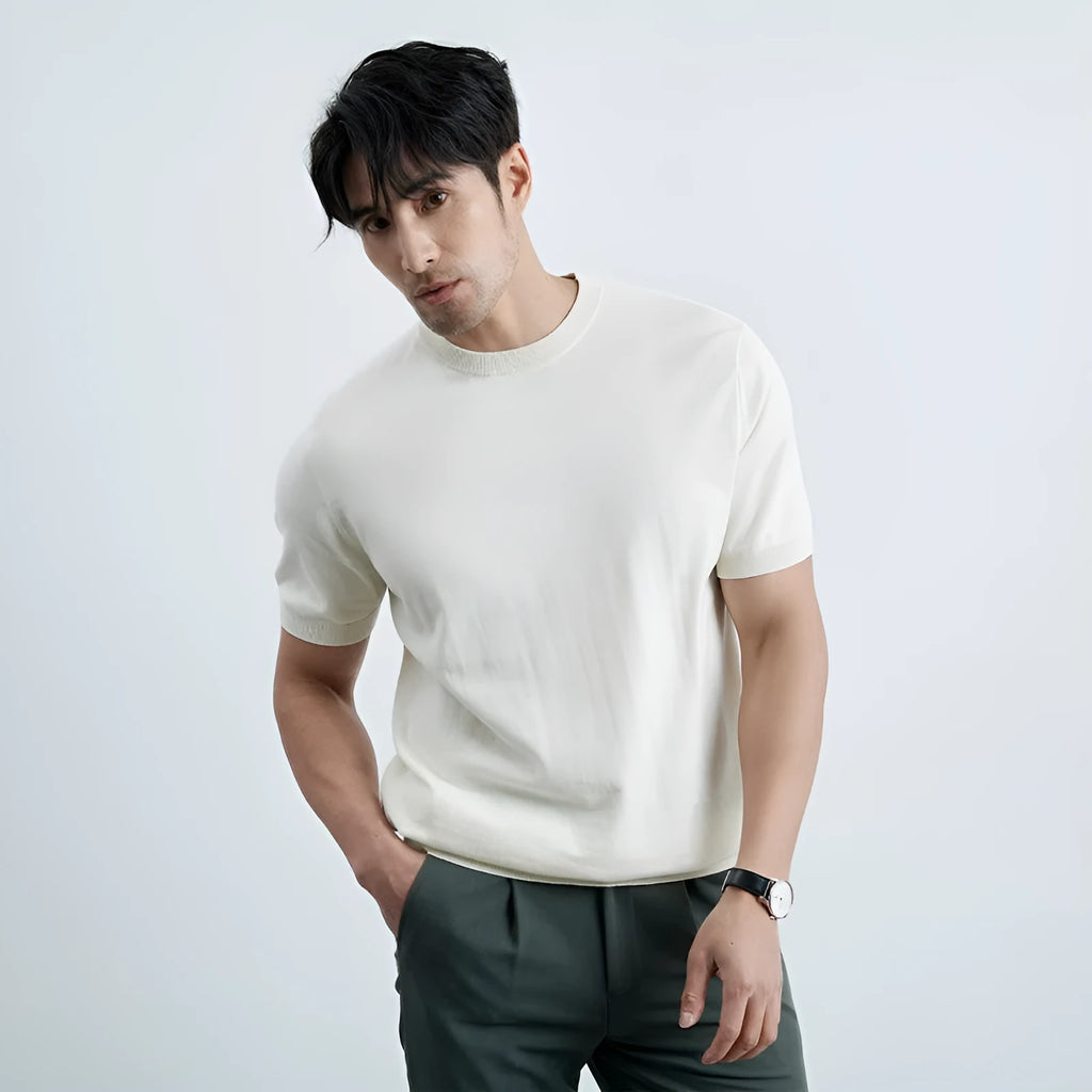 Men's ice silk short sleeve knitted T-shirt, solid colour slim fit pullover, shown in white